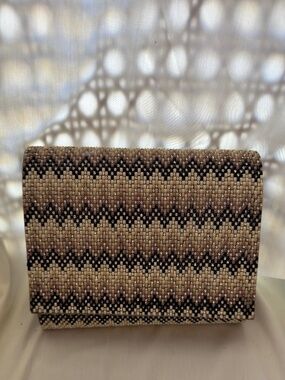 Mina New York Beaded Clutch – Neutral Woven Pattern w/ Chain Strap